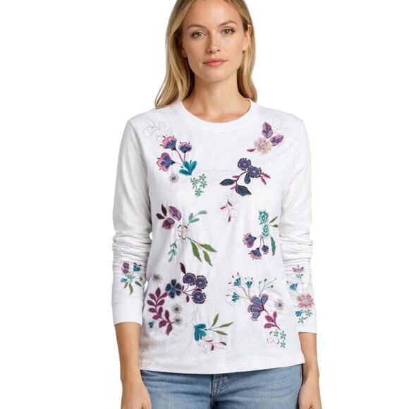 Johnny Was Shilo Relaxed Long Sleeve Tee cotton color floral embroidery XS